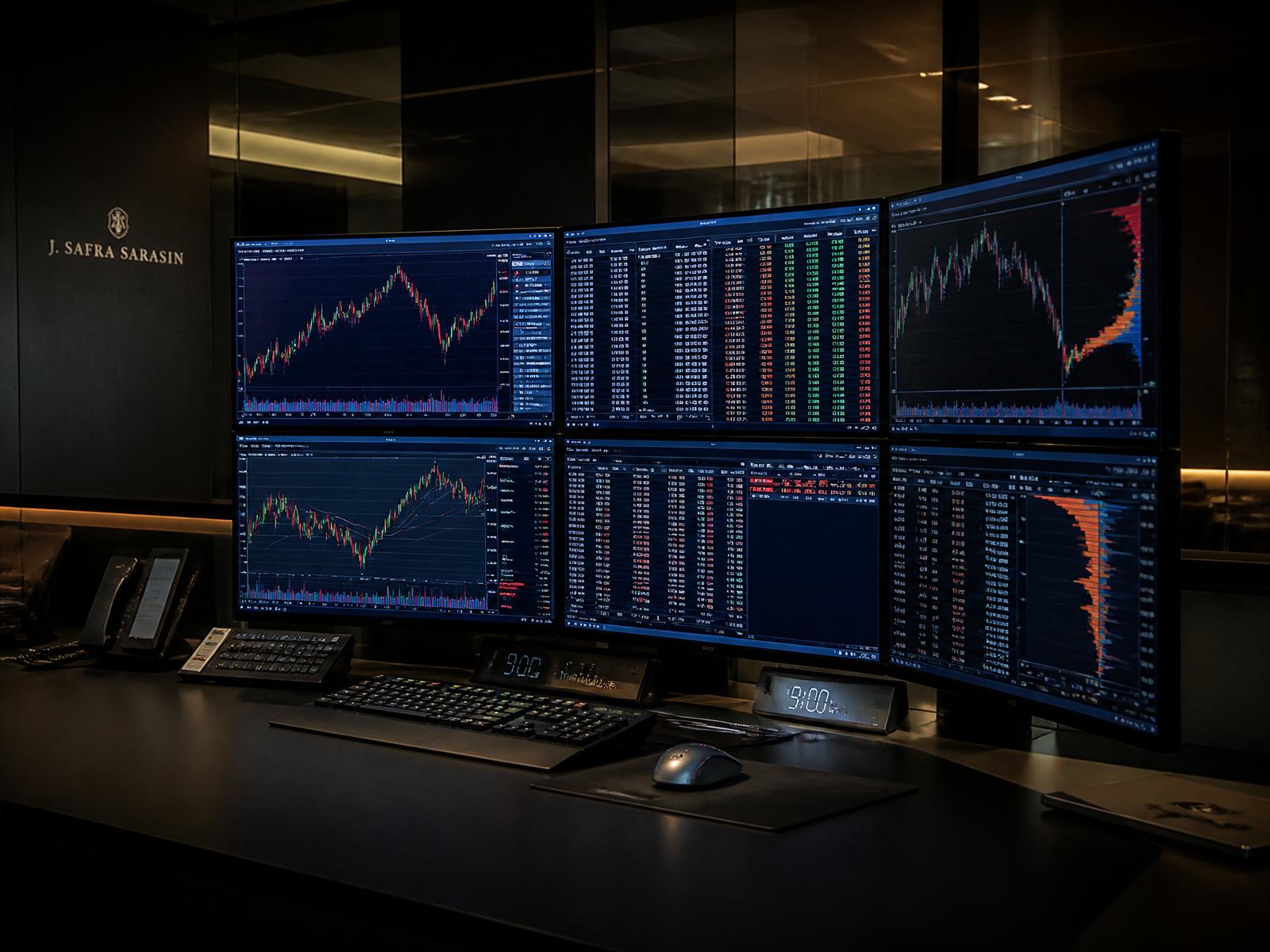Institutional trading terminal at a Swiss private bank.